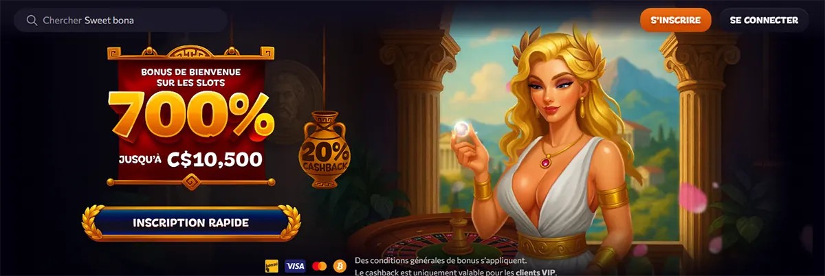 French casino homepage banner with a Greek goddess-style character, a 700% slots welcome bonus up to C$10,500, a rapid registration button, and payment icons on a dark themed background.