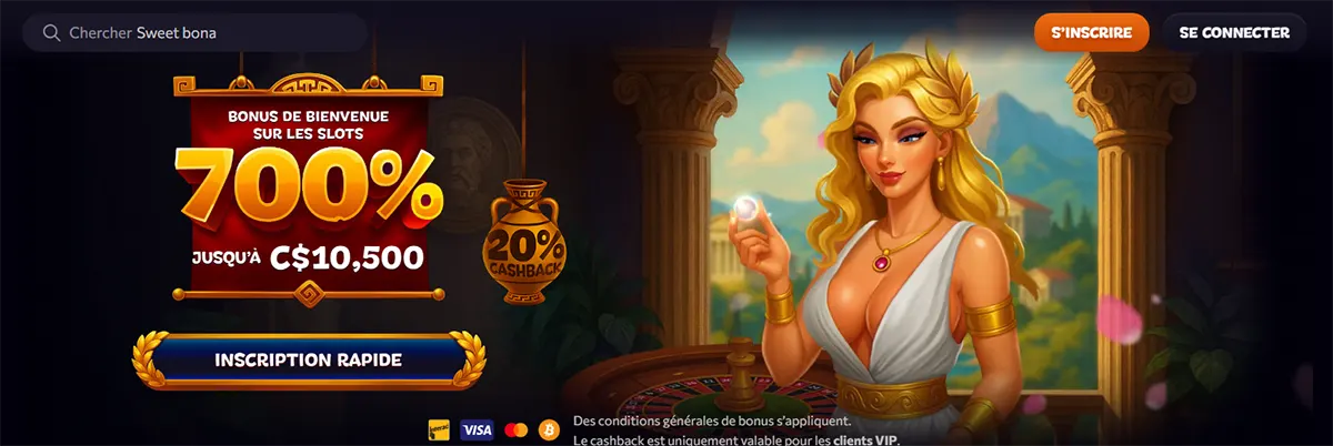 French casino homepage banner with a Greek goddess-style character, a 700% slots welcome bonus up to C$10,500, a rapid registration button, and payment icons on a dark themed background.