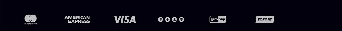 Payment methods strip featuring Mastercard, American Express, Visa, cryptocurrency icons, giropay, and Sofort logos on a dark navy background.