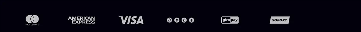 Payment methods strip featuring Mastercard, American Express, Visa, cryptocurrency icons, giropay, and Sofort logos on a dark navy background.
