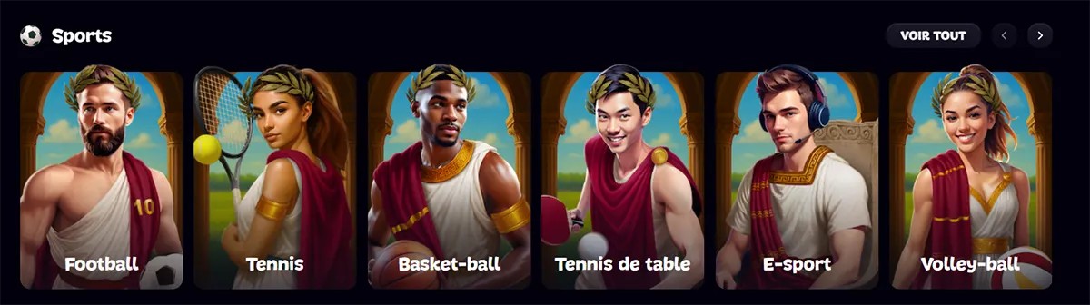 Sports category section with illustrated athlete cards for football, tennis, basketball, table tennis, e-sport, and volleyball on a dark casino interface.