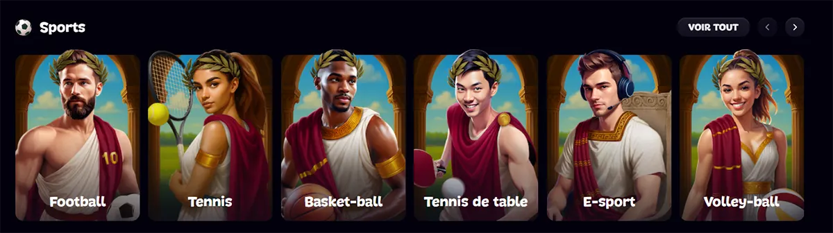 Sports category section with illustrated athlete cards for football, tennis, basketball, table tennis, e-sport, and volleyball on a dark casino interface.
