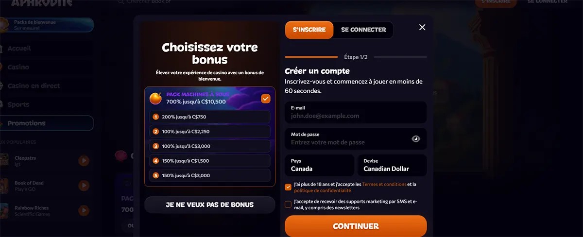 French casino registration popup with a bonus selection panel, account creation form, and orange continue button displayed over a dark gaming interface.