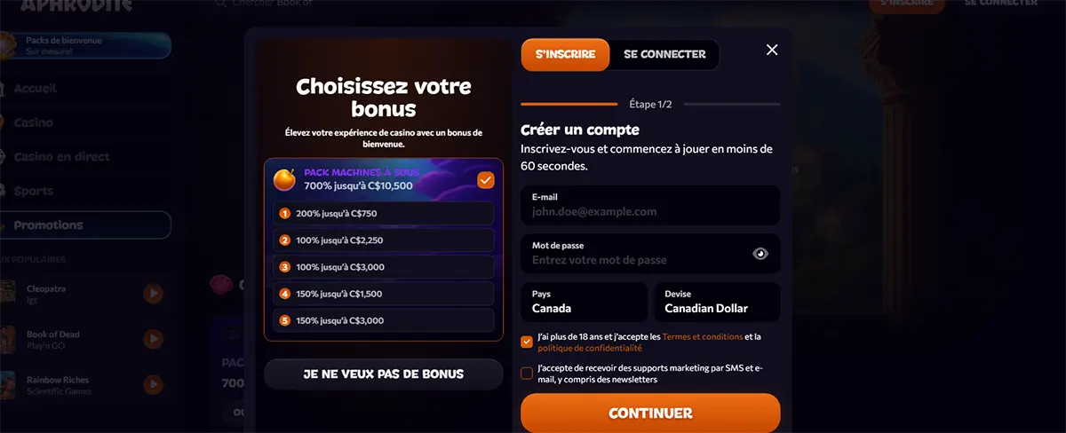 French casino registration popup with a bonus selection panel, account creation form, and orange continue button displayed over a dark gaming interface.